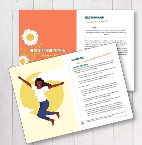 Aufgeschlagene Innenseiten des Buchs zum Thema Begleiterscheinungen, mit Illustrationen