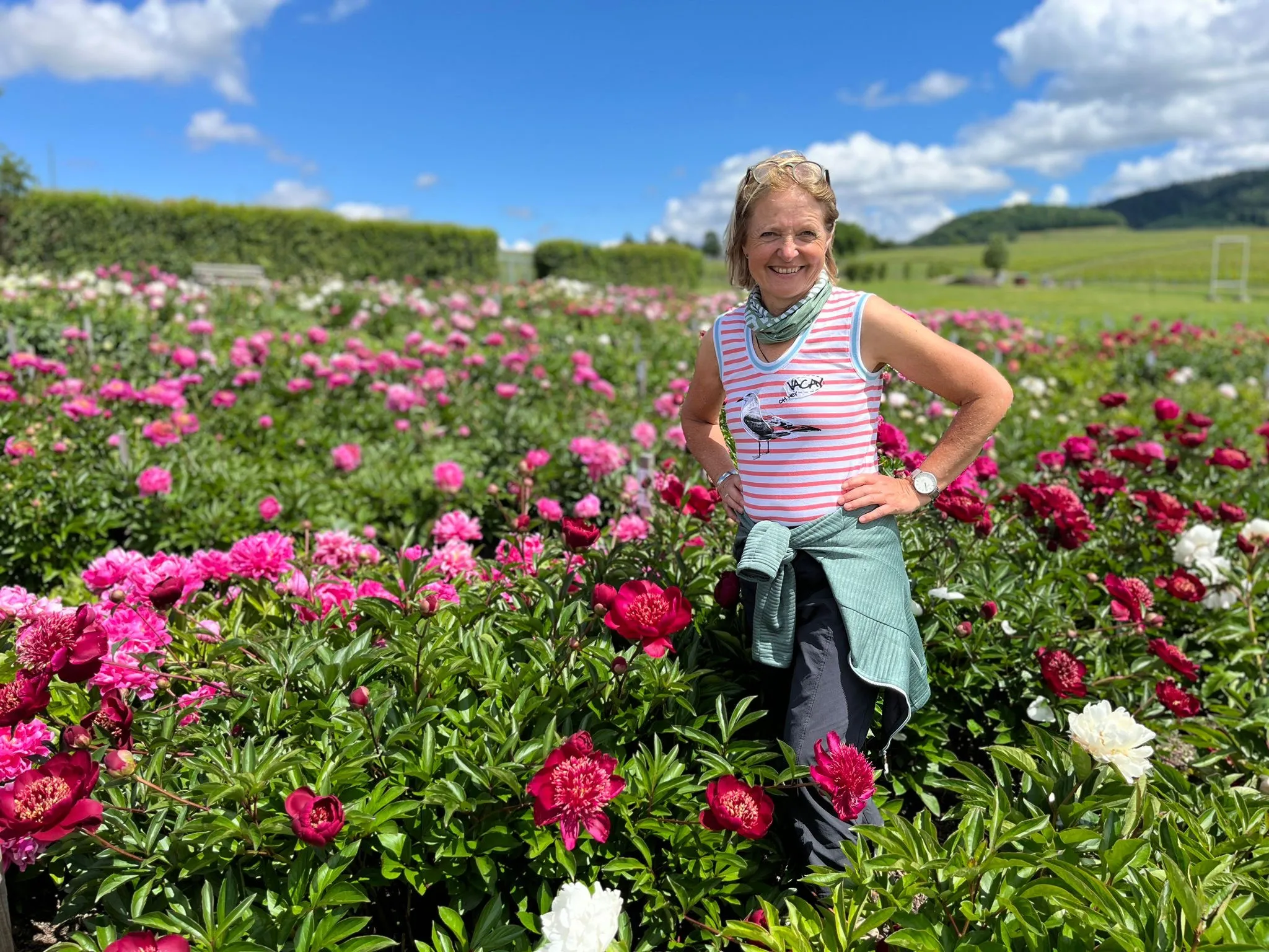 Uschi steht in einem Feld voller Pfingstrosen